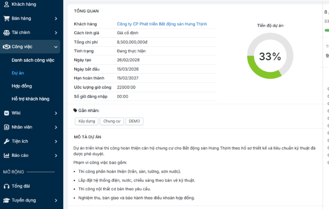 Tiến độ và thông tin dự án trên phần mềm quản lý dự án SlimCRM