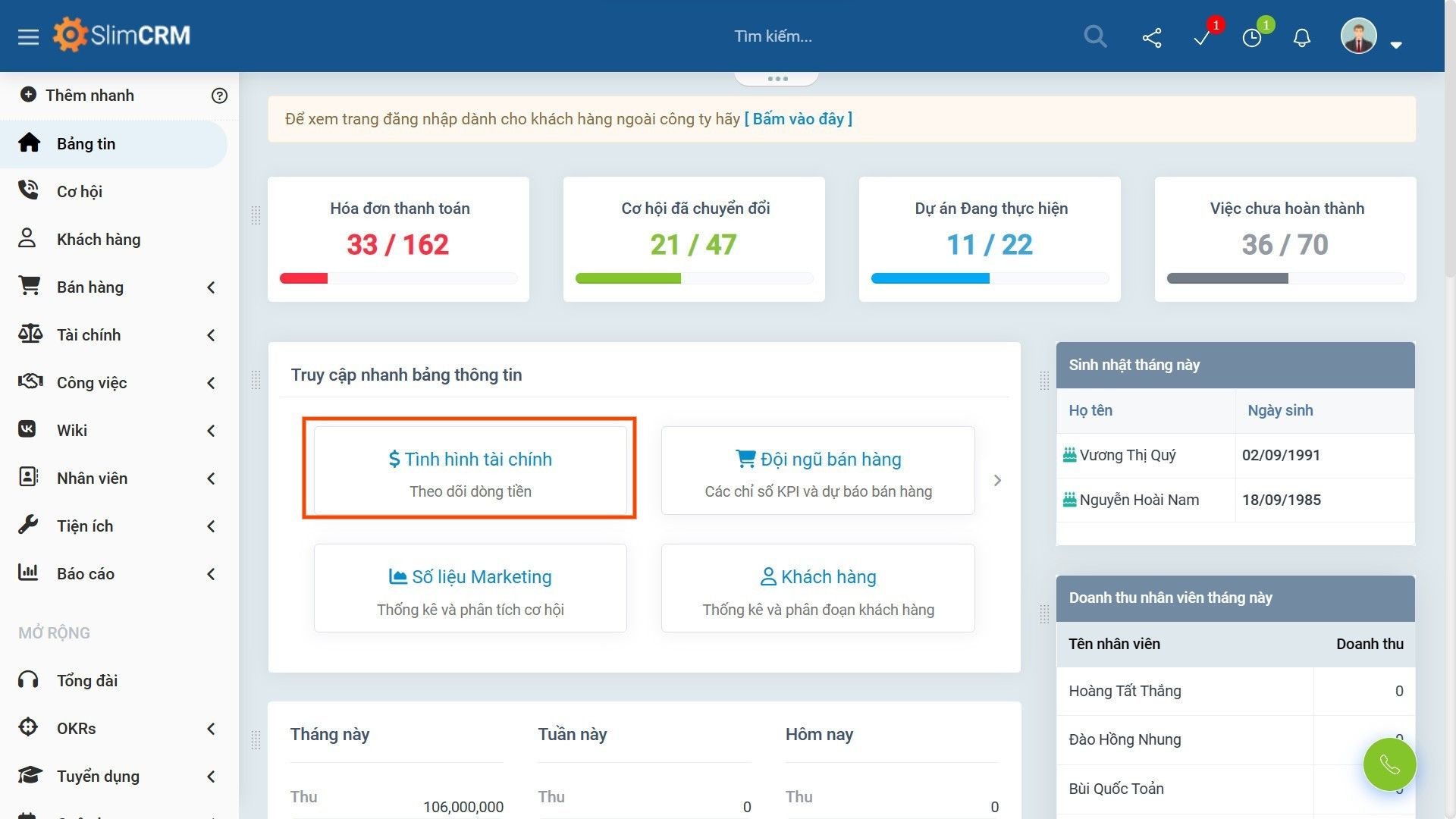 SlimCRM Update Tính Năng Dashboard Tài Chính Mới