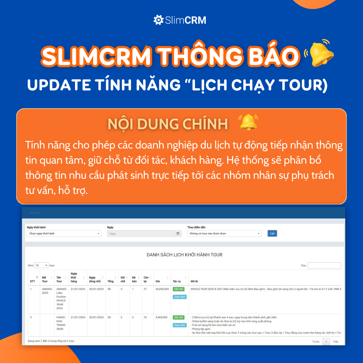 SlimCRM Ra mắt tính năng Lịch chạy tour hợp tác bán tour cùng cộng tác viên, đối tác liên kết